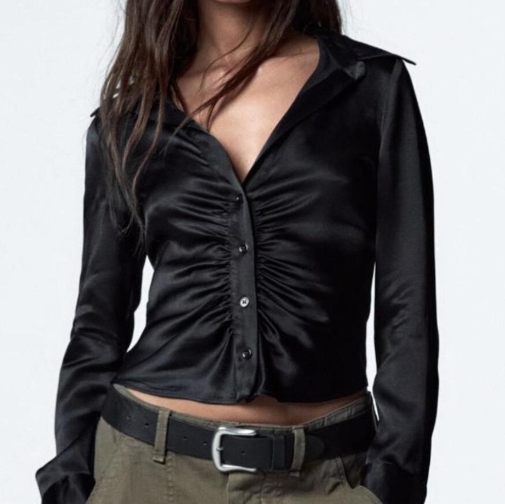2223 * Zara Satin Ruched Button Front Collared Blouse Black Size S